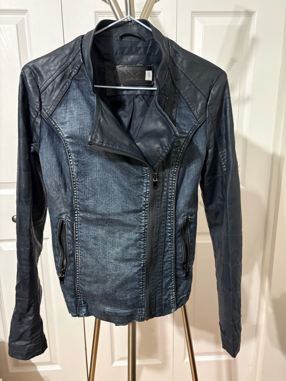 Women's Navy Faux Leather & Denim Moto Jacket